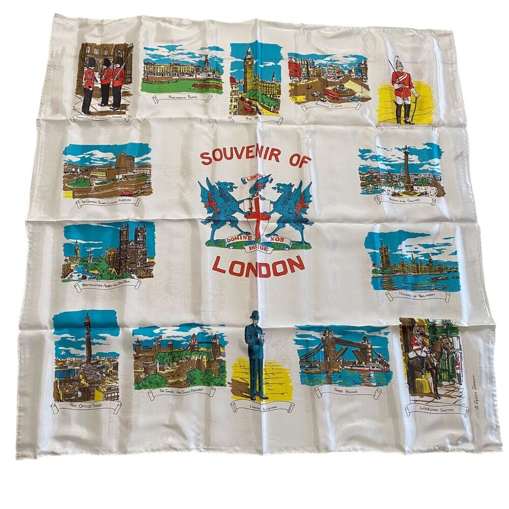 Vintage Acetate Scarf A Squire Souvenir of London 31 X 31 Landmarks Original Box - Picture 2 of 16